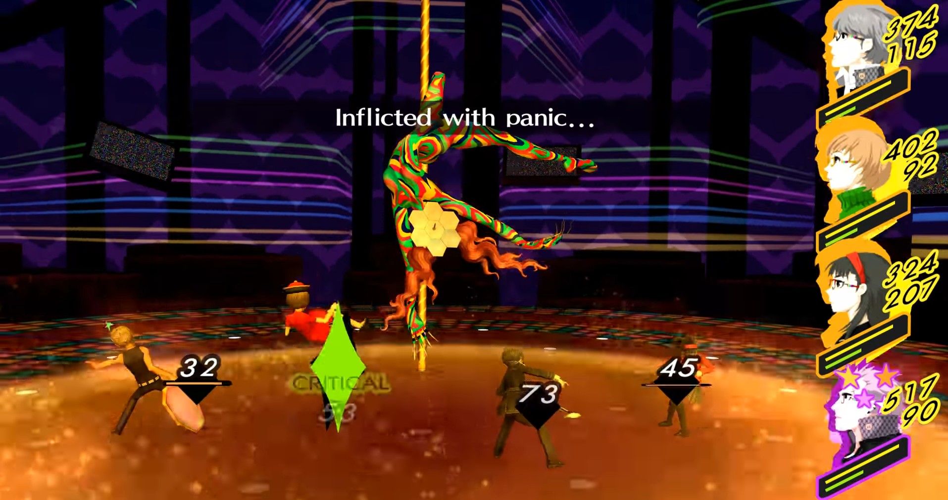 rise's shadow inflicting the group with panic from mind slice in persona 4 golden