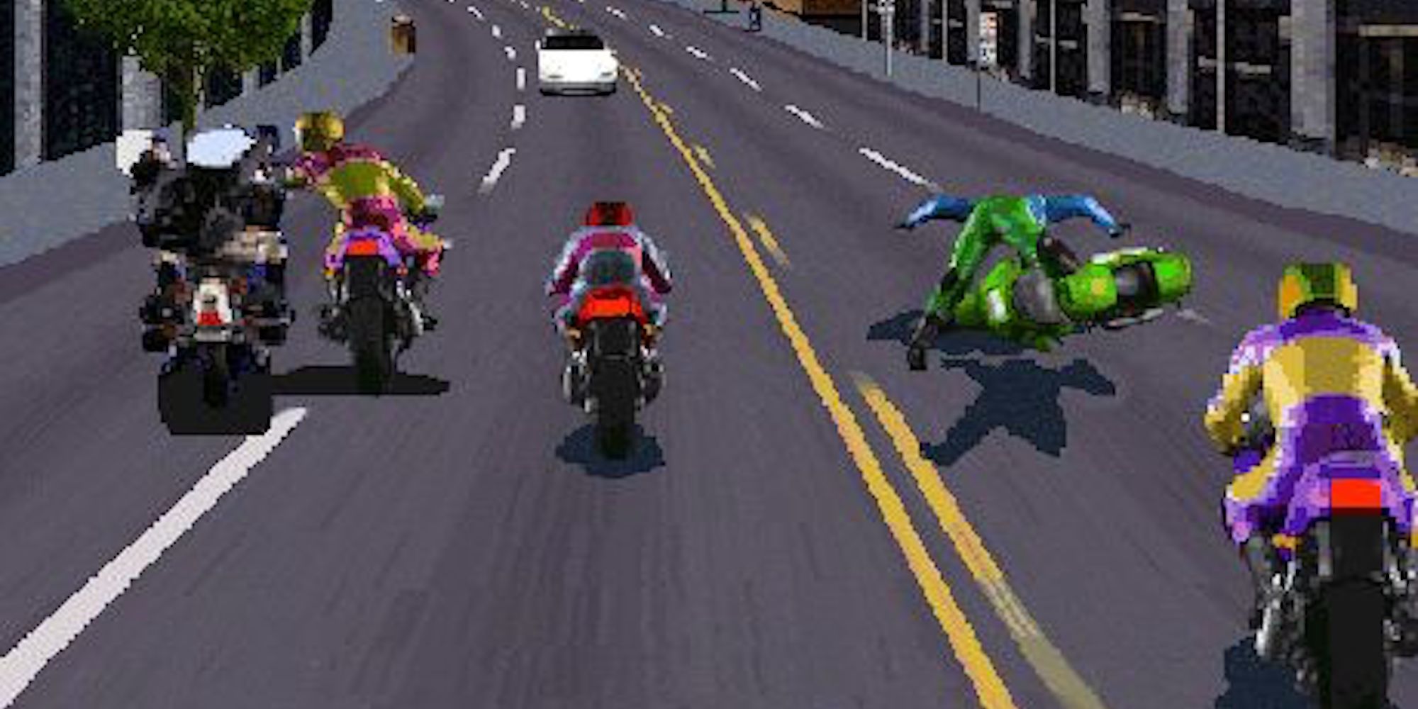 bikers race down the road in oncoming traffic taking each other out in Road Rash