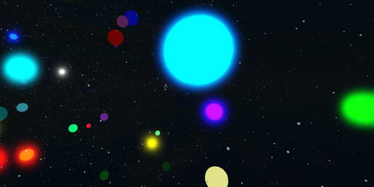 A starry void full of brightly colored planets, with a tiny roblox person near one of them