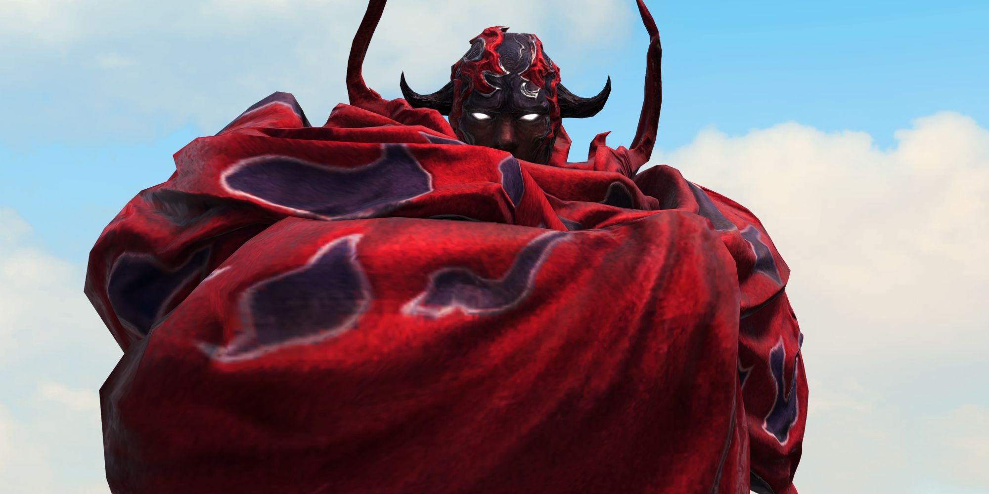 A head-on shot of Rubicante in Final Fantasy 14, where he is wrapped up in his cloak, with only his head exposed, showcasing his piercing white eyes and horns.