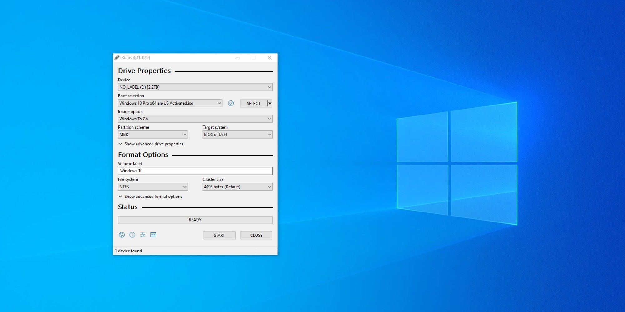 Rufus settings for making a bootable microSD card