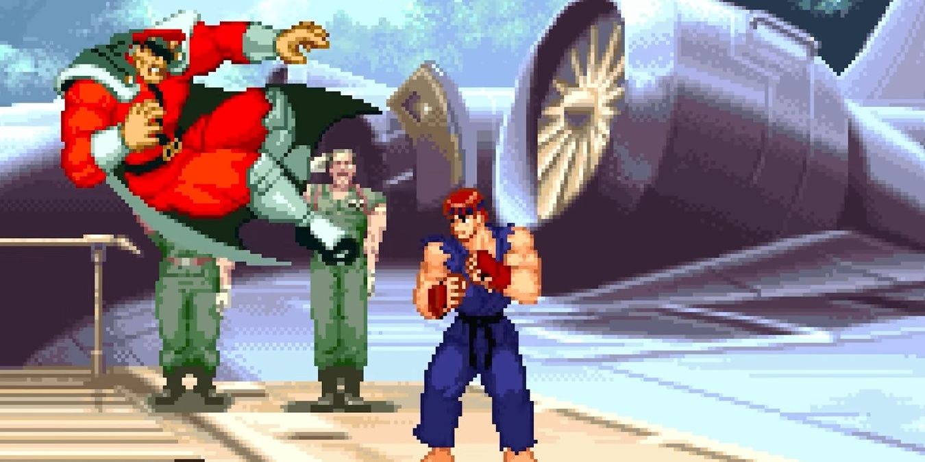 Ryu fighting against M. Bison from the SNES port of Street Fighter Alpha 2.