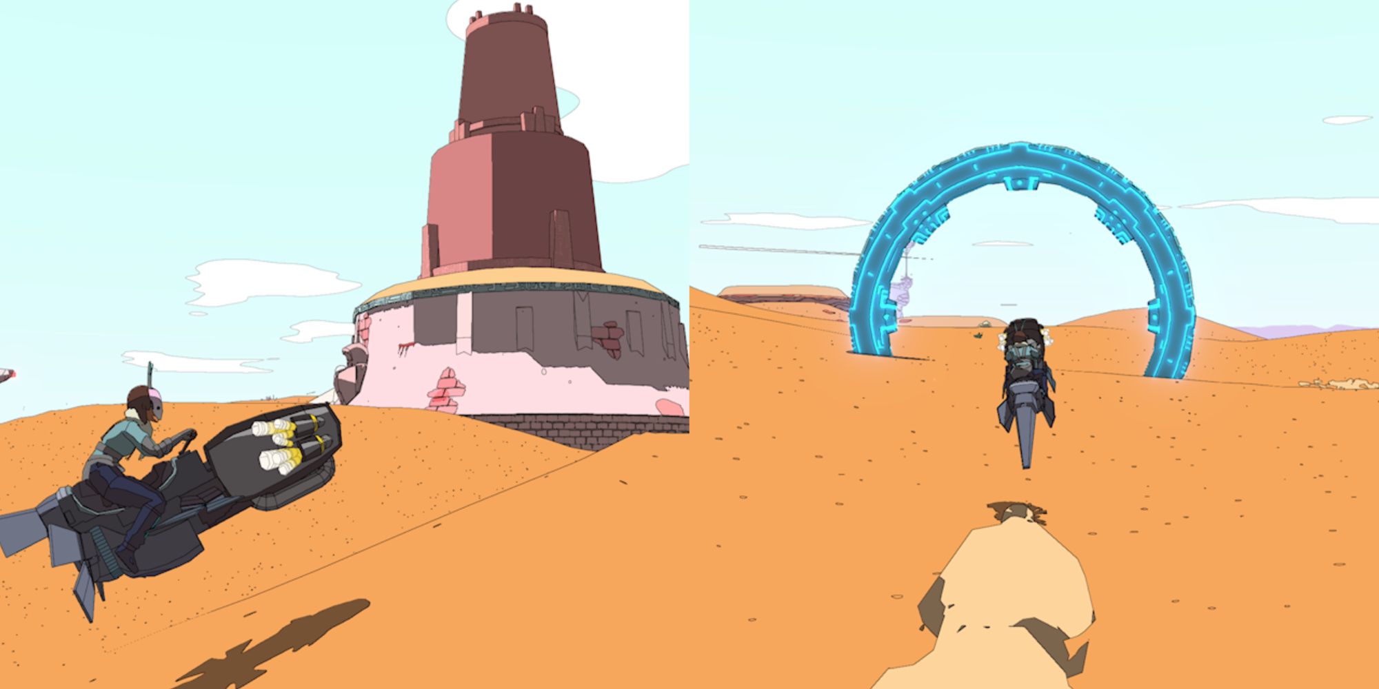 Sable Ancient Race image featuring a character riding up to a red locked building on a hoverbike and riding through the blue rings for the quest