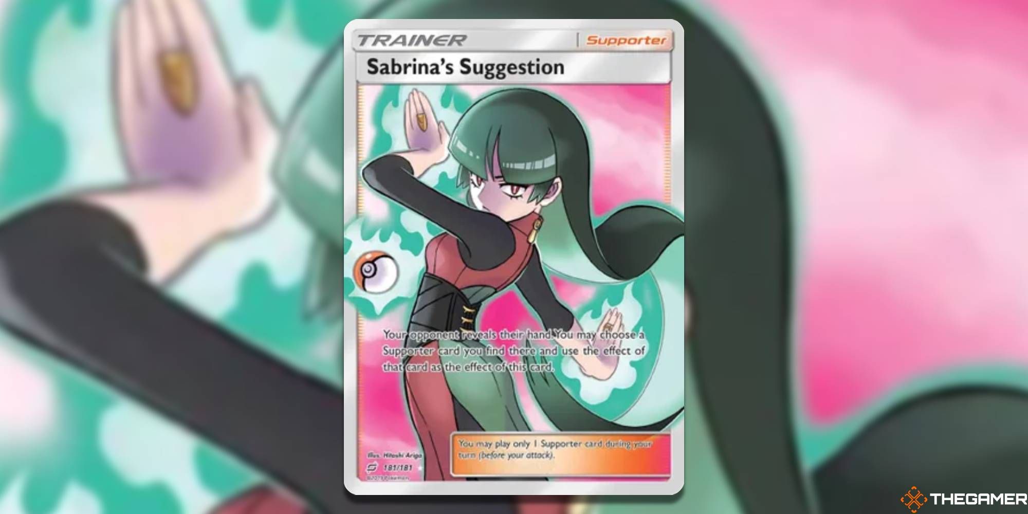 Pokemon TCG Full Art Sabrina's Suggestion from SM - Team Up with blurred background