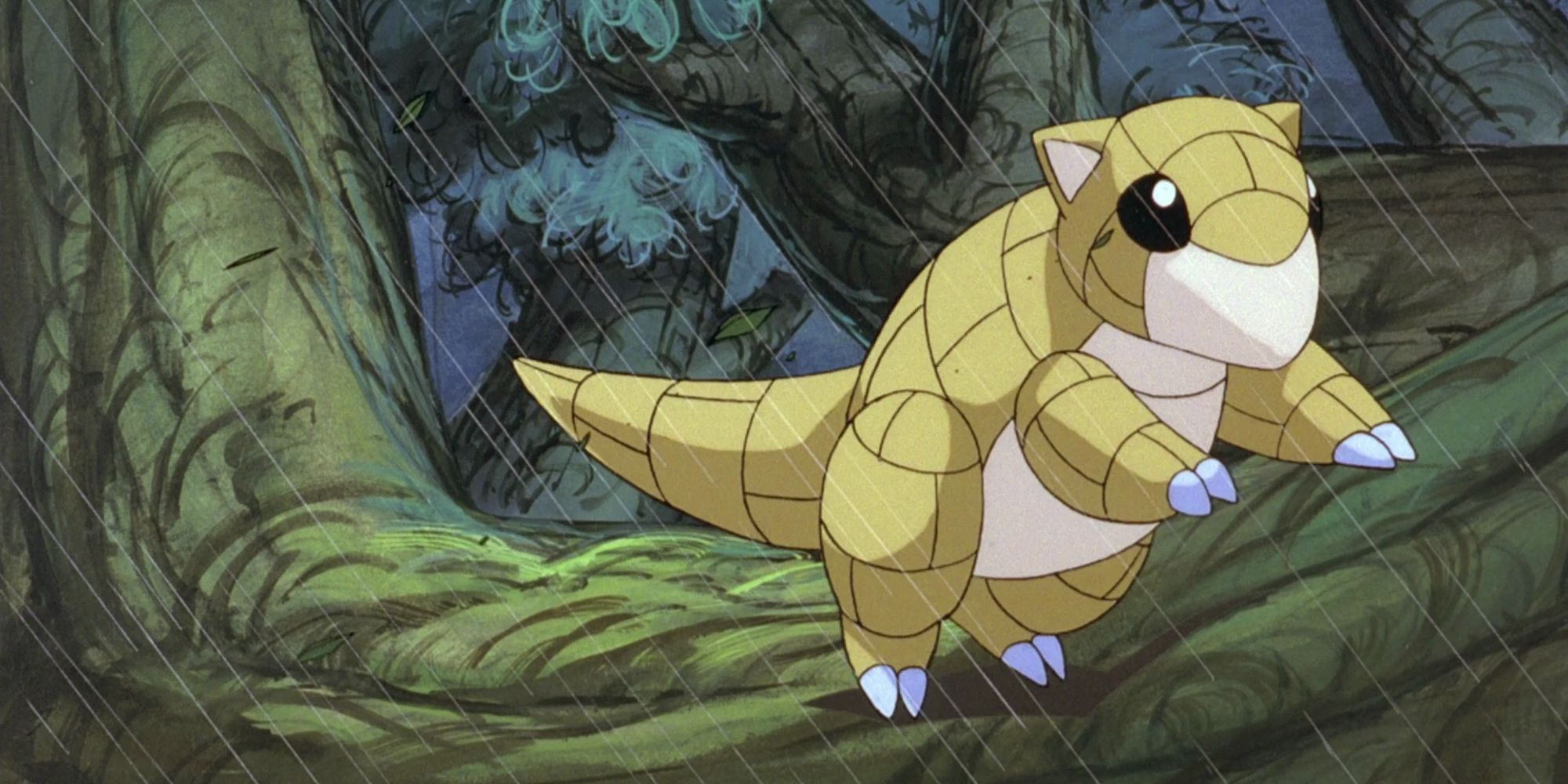 Sandshrew Running through rainy forest in Pokemon Anime