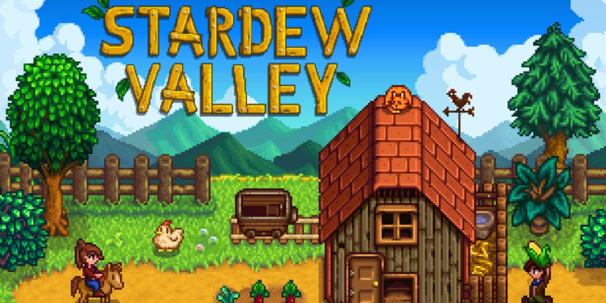A character on a horse outside a barn in Stardew Valley, with logo.