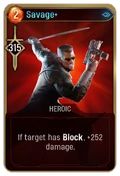 Blade holds a sword in one hand and a gun in the other on the golden Savage + card from Marvel's Midnight Suns.