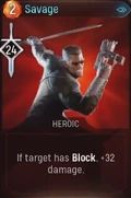 Blade holds a sword in one hand and a gun in the other on the Savage card from Marvel's Midnight Suns.