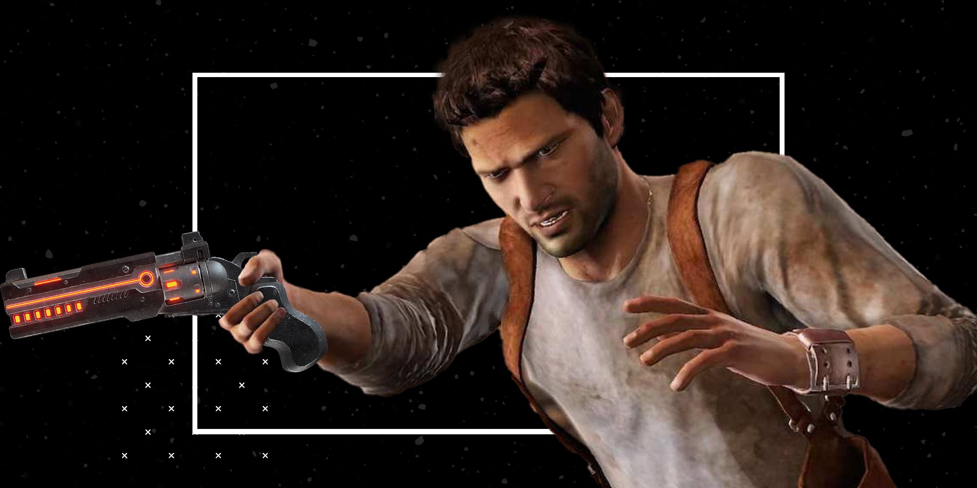 Nathan Drake holding a sci-fi blaster against a black backdrop with a white rectangle.