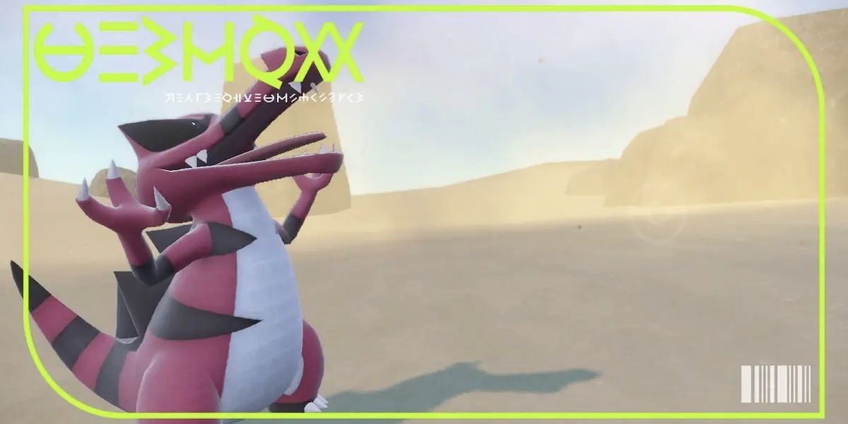 Krookodile roaring in a desert while a sandstorm brews in its Pokemon Scarlet & Violet pokedex image.