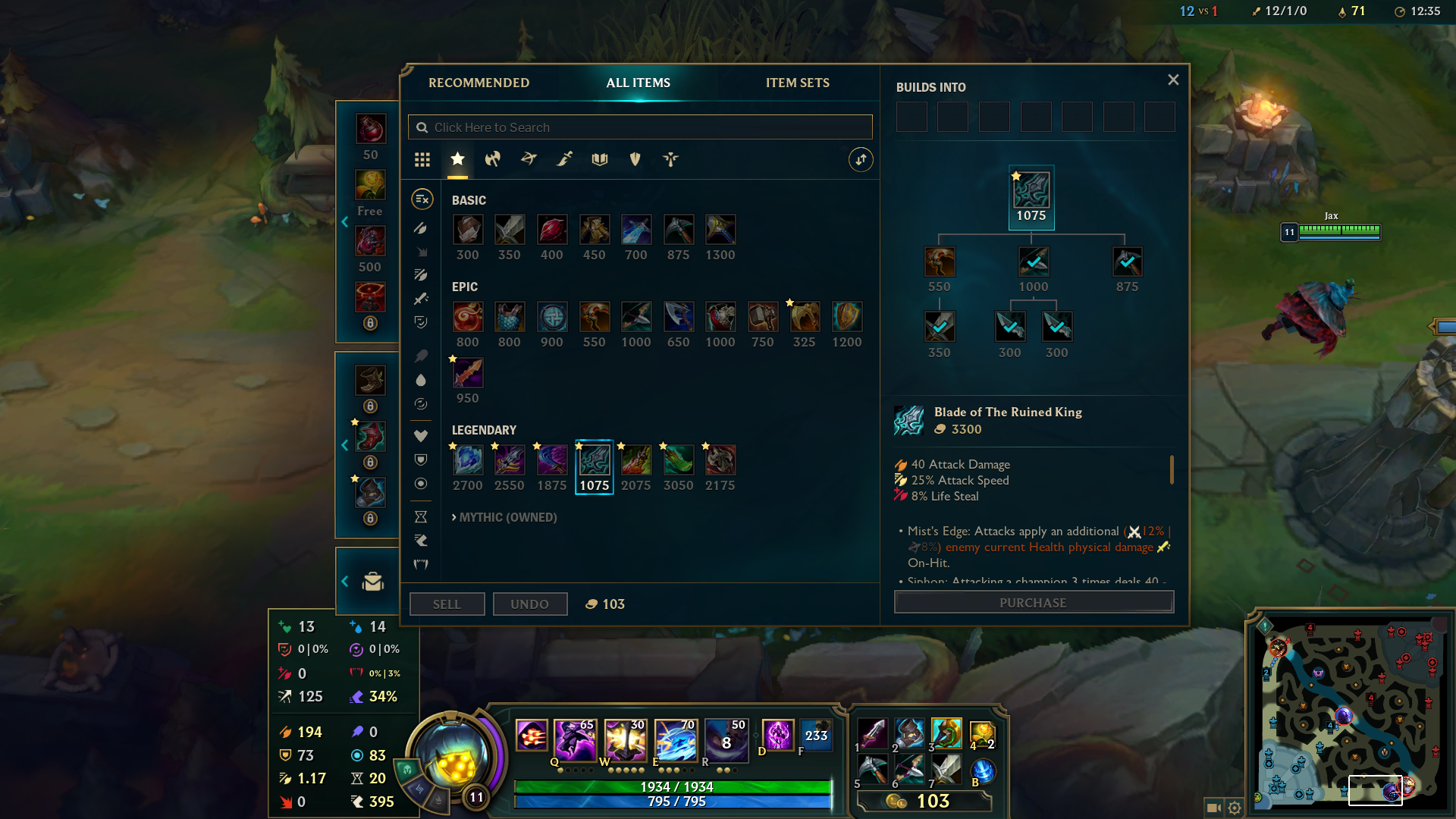 The player looks at their items and thinks about what they should build on Jax in League Of Legends.