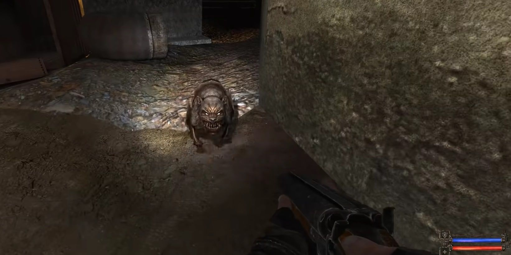 Main protagonist pointing a shotgun at a mutant animal creature in a dark environment in Stalker.