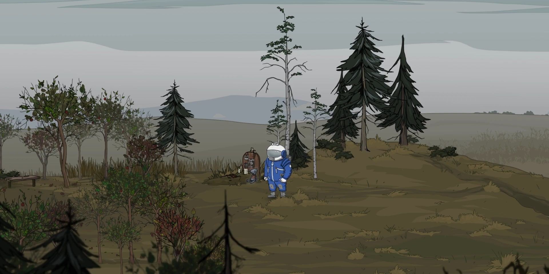 Astronaut Kosmos standing in the apocalyptic landscape of a forest on Earth, having just returned.