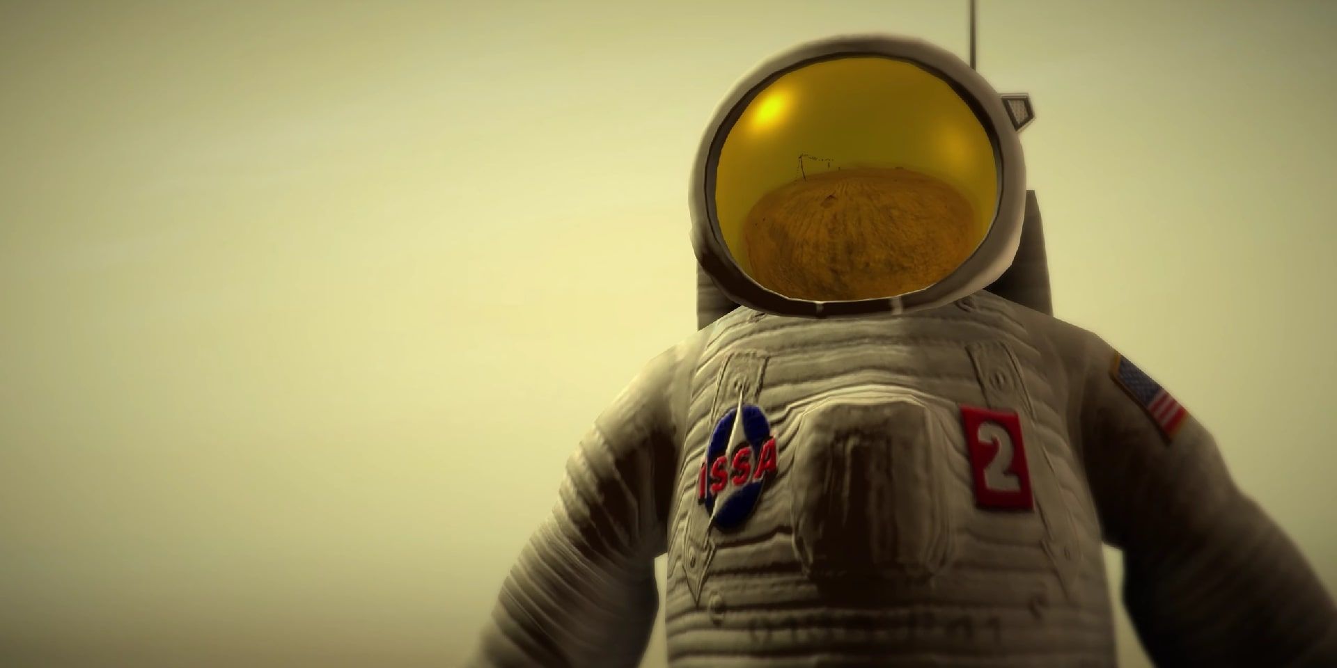 A close-up shot of the gold-visored astronaut from Lifeless Planet during a cutscene, with the reflection of the landscape appearing on his helmet.