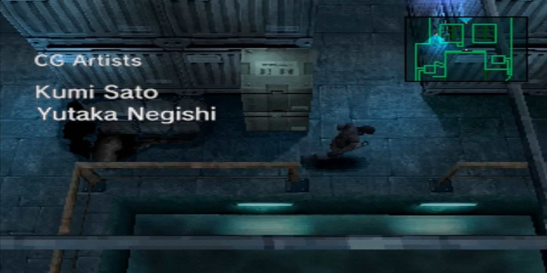 Solid Snake running across the map of a facility while keeping hidden from enemies and while the credits appear on-screen.