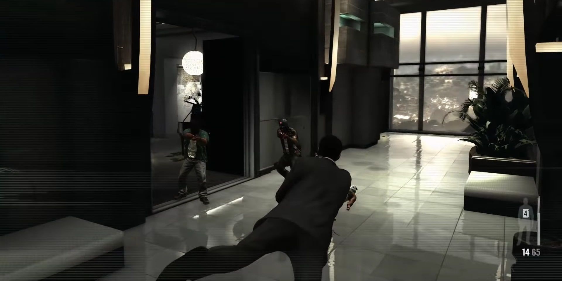 Max Payne flying off the ground while bullet time is active and gunning down enemies that have hijacked the engagement.
