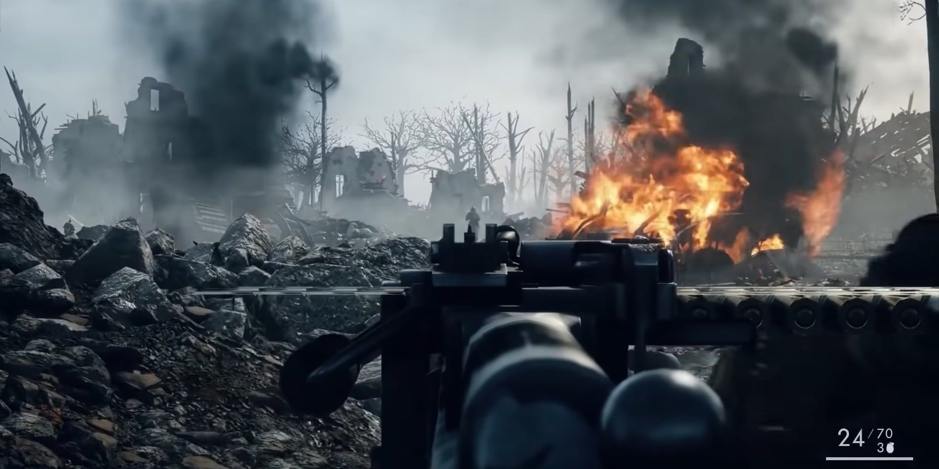 The opening sequence in Battlefield 1 where a soldier is aiming his sights at an enemy near burning wreckage.
