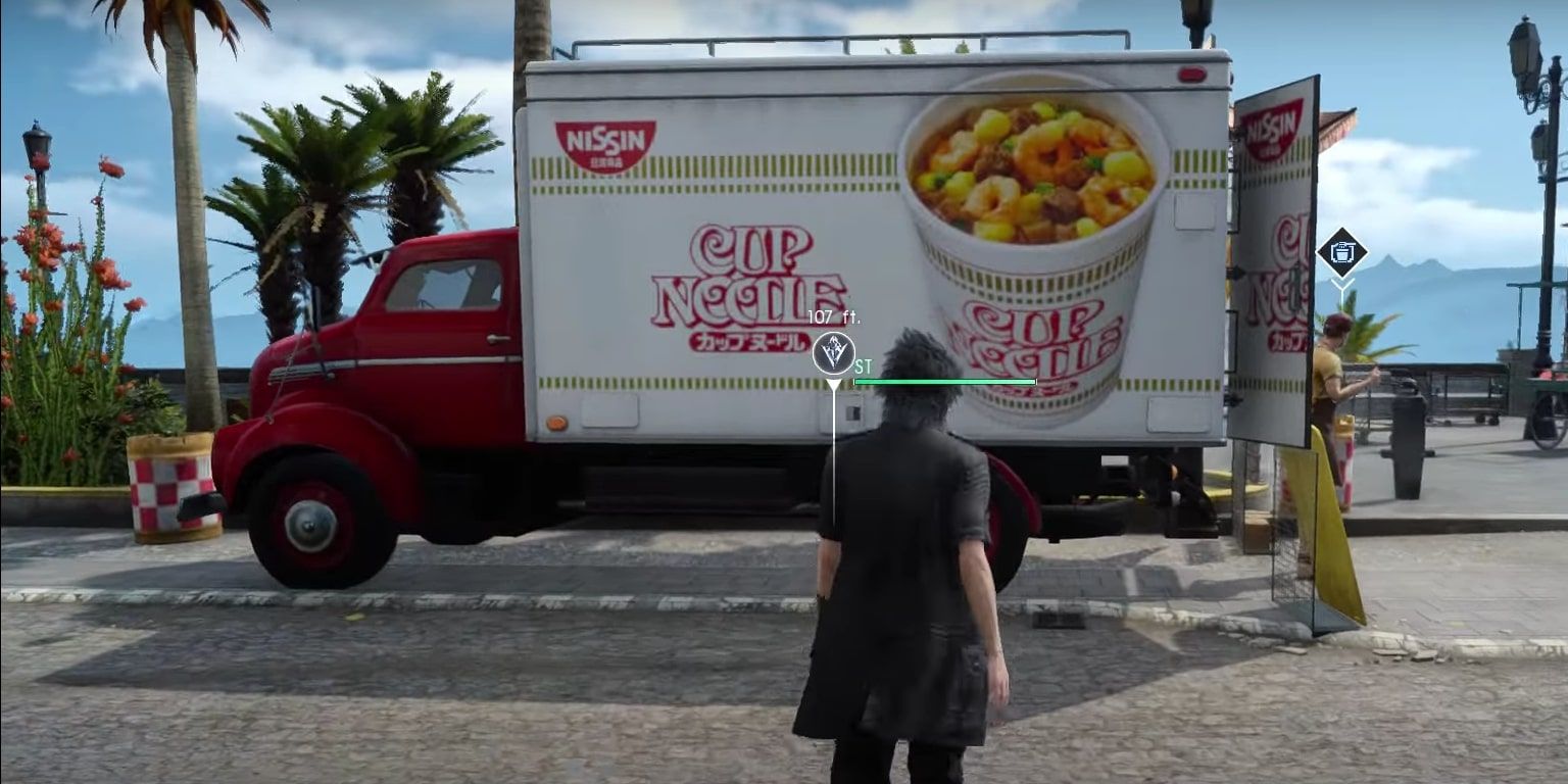 The main player character staring at a truck with the Cup Noodles logo on it, as part of the quest.
