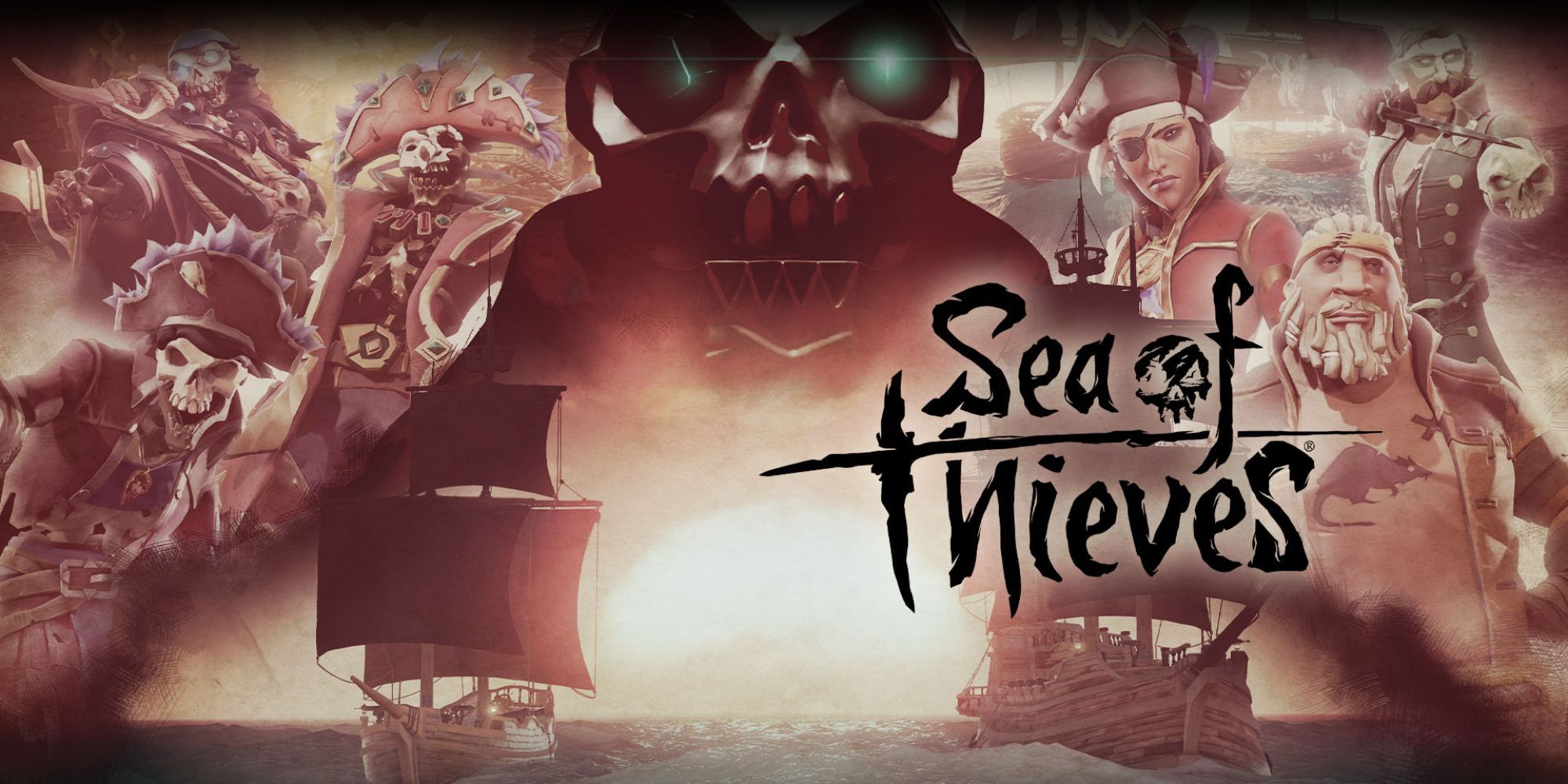 Sea of thieves title screen showing two ships and a myriad of characters in the background