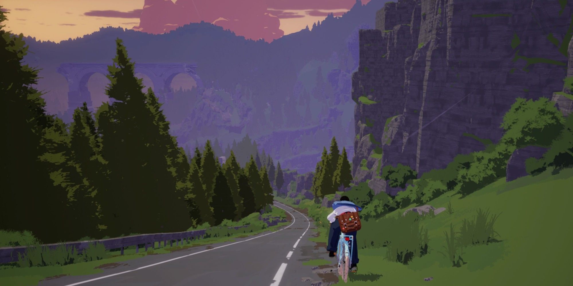 Season protagonist riding bike down a hill into a beautiful mountain vista