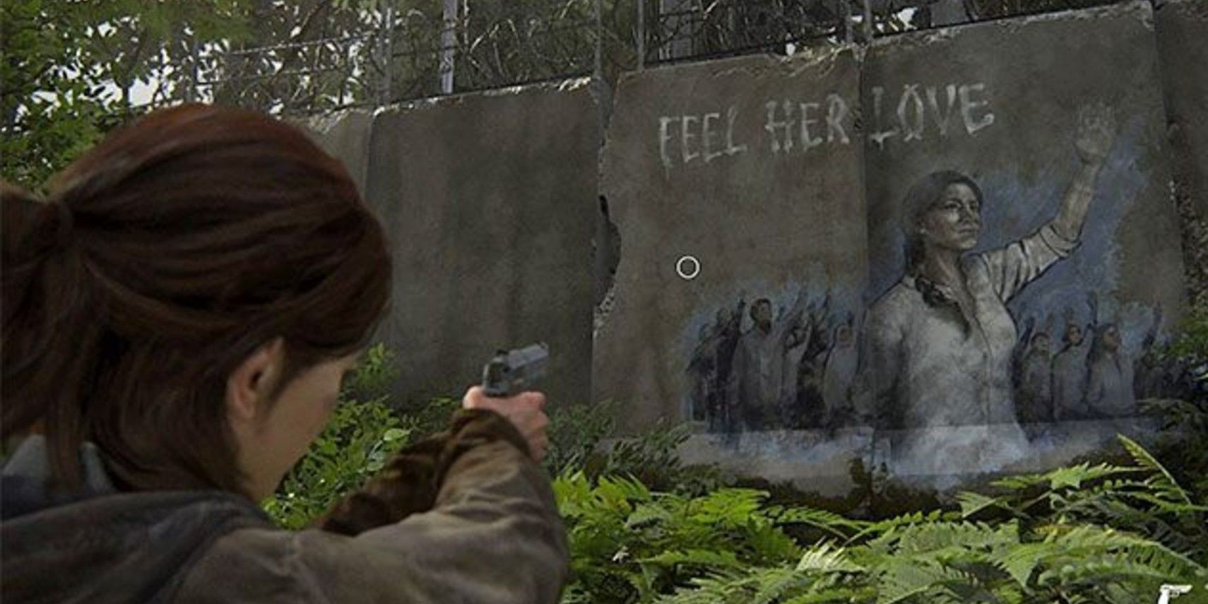 Ellie aiming at a painting of the Seraphite Prophet in The Last of Us Part 2