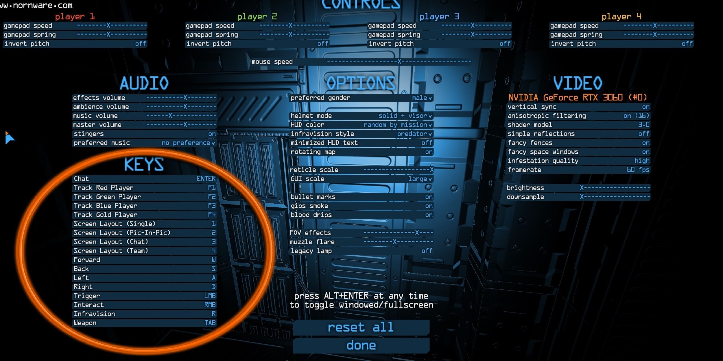 The settings menu in the game, the Keys are highlighted because this is the only place that their functionality is revealed.