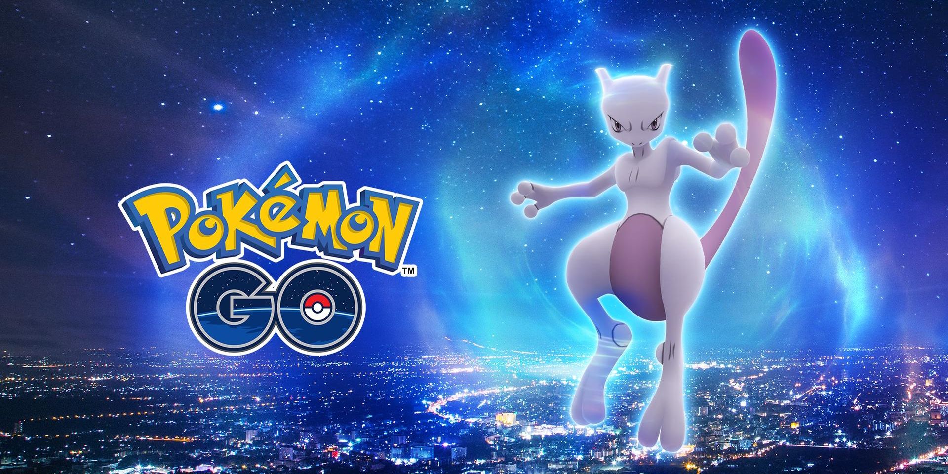 Image of Shadow Mewtwo in the sky next to the Pokemon Go logo