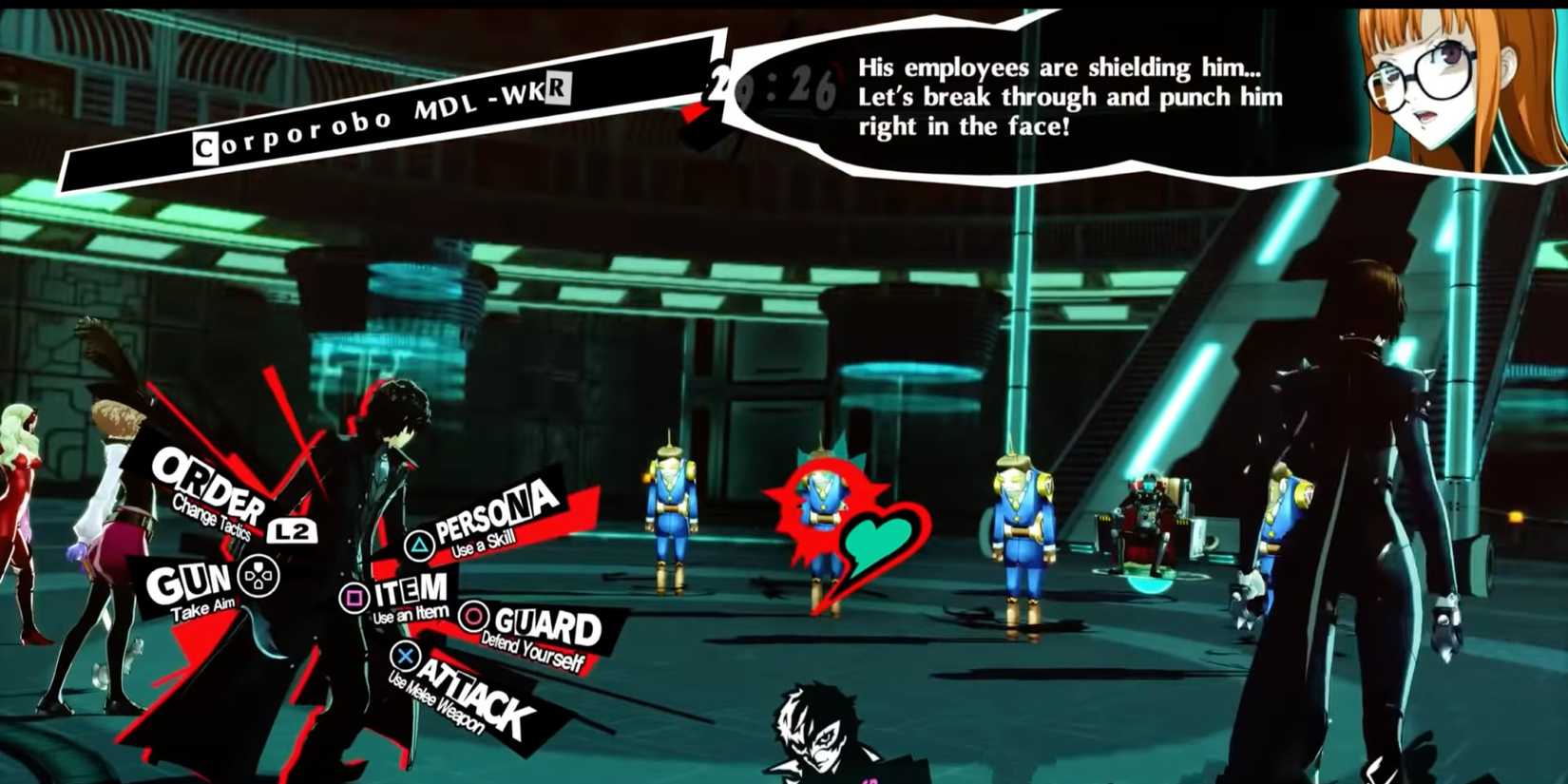 Shadow Okumura's robot employees defend him from party person 5