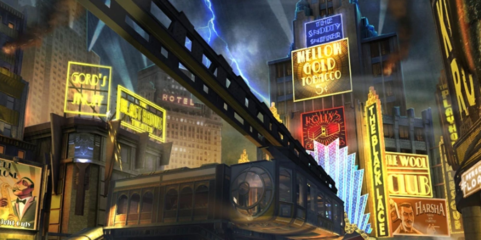 Shadows of Evil Zombies map showing an aboveground rail in a '50s-styled city full of golden neon signs