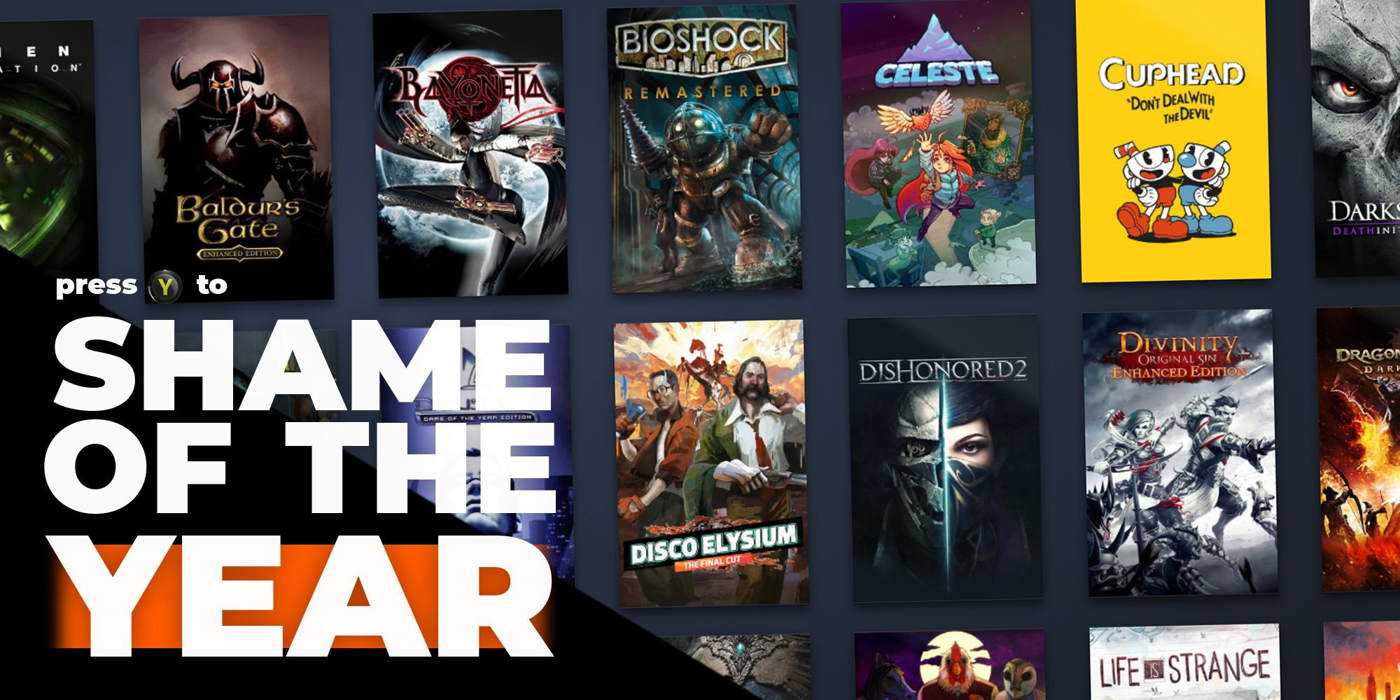 Shame of the Year graphic with a bunch of game thumbnail tiles in the background