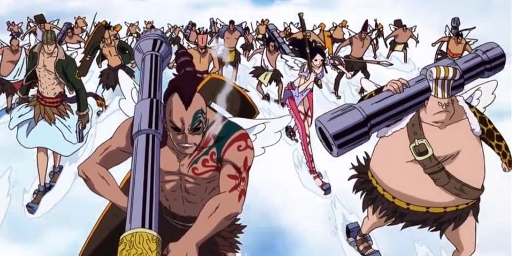 Shandia troops charging on clouds in the One Piece Anime