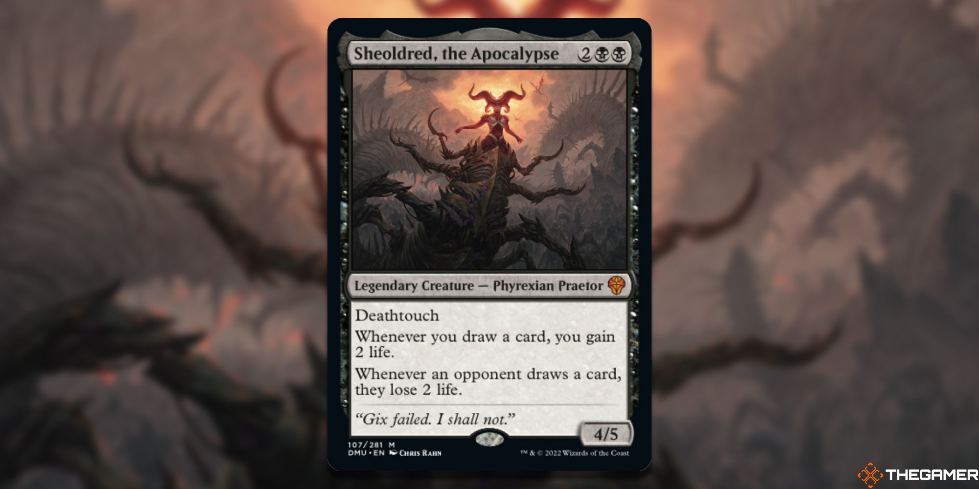 Card image for Sheoldred the Apocalypse from Magic: The Gathering, with art by Chris Rahn