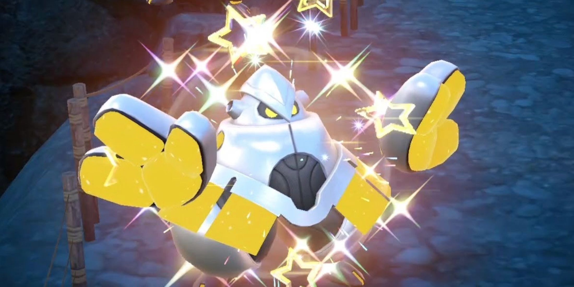 Iron Hands puts its hands up as shiny stars sparkle around it in Pokemon Scarlet & Violet S&V