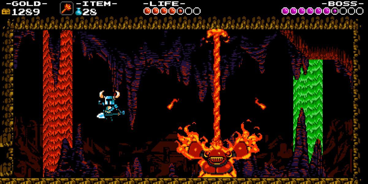 Shovel Knight-Gameplay-Screenshot des Protagonisten, der in eine Lavahöhle springt
