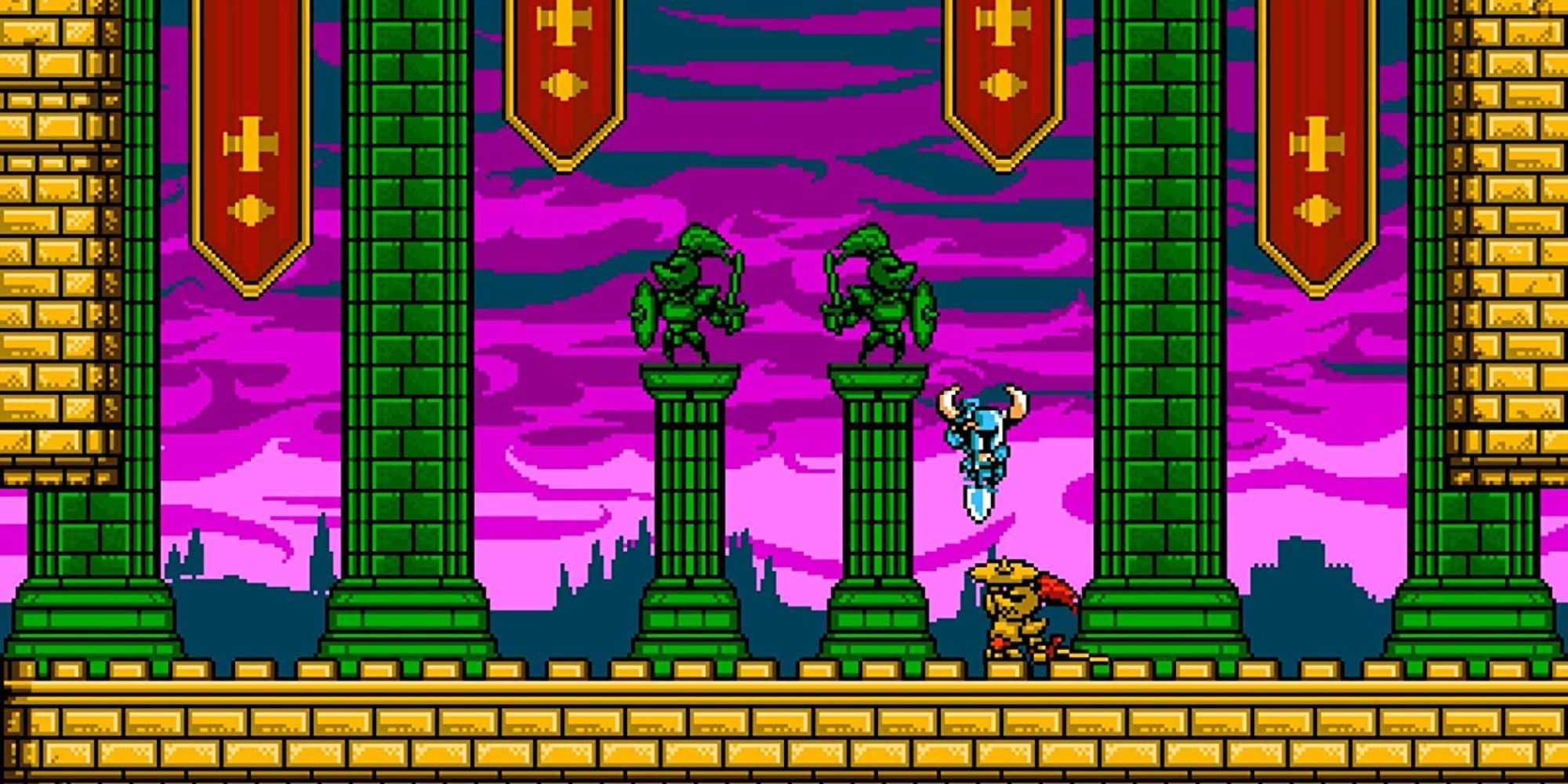 Shovel attacks an enemy atop a castle in Shovel Knight