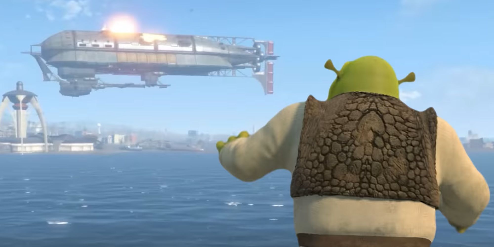 Shrek blowing up the Prydwyn in Fallout 4