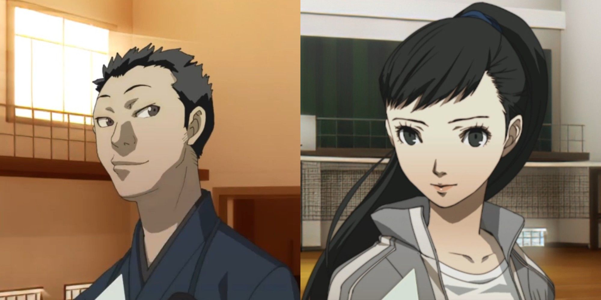 side by side image of kazushi and rio in the sports club rooms in persona 3 portable