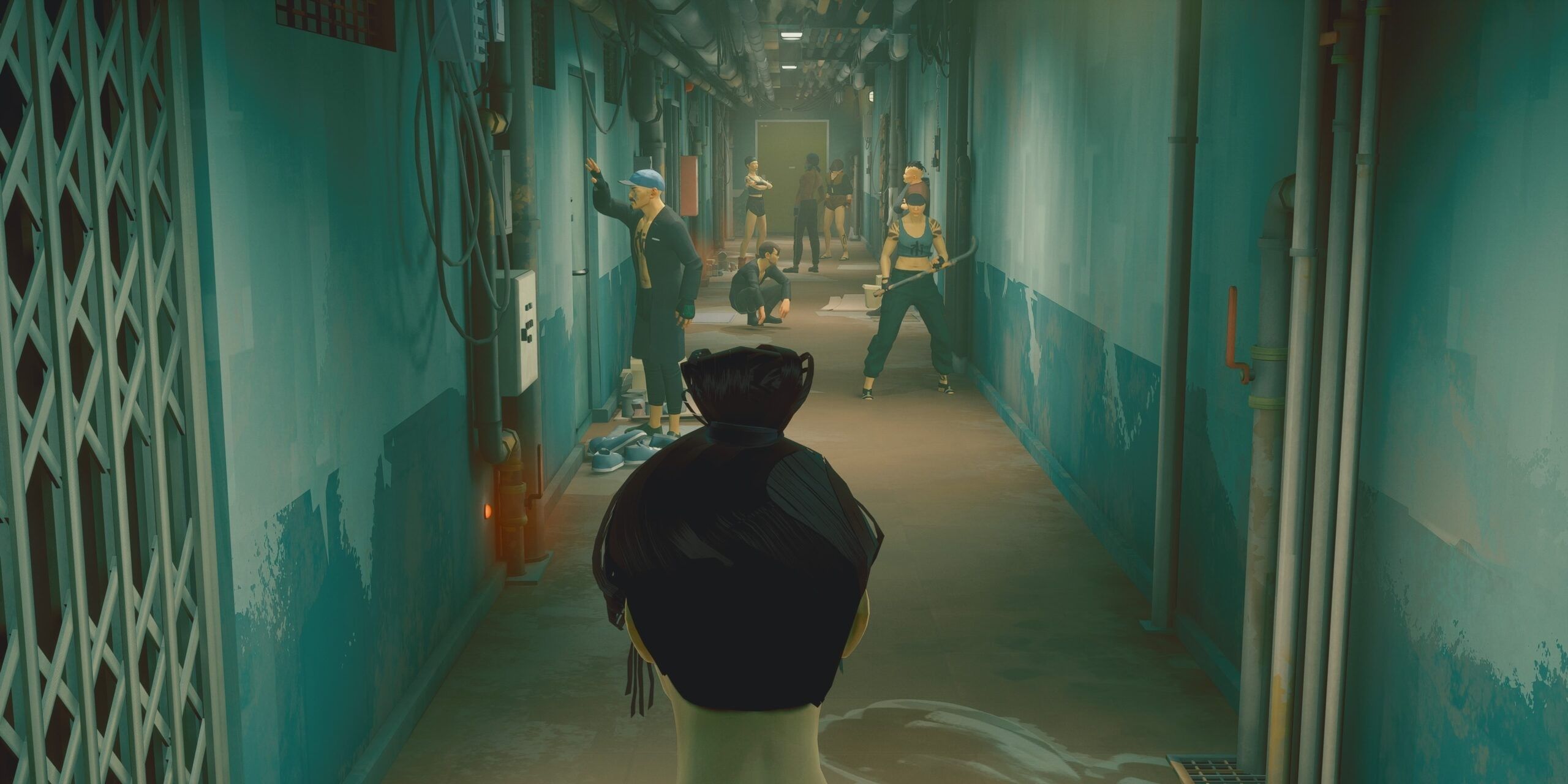 Sifu screenshot of the main character staring down a group of enemies in a hallway