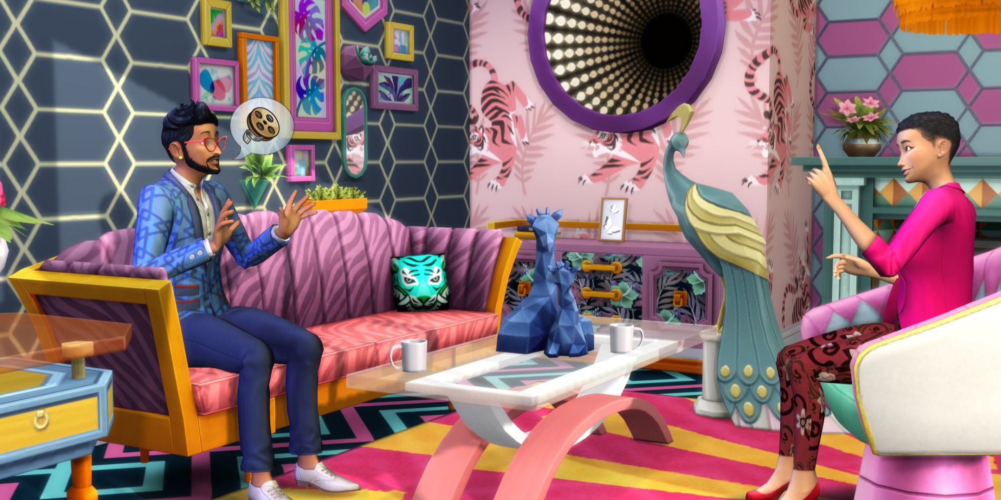 Sims 4 Decor To The Max bright lounge room with 2 sims chatting.