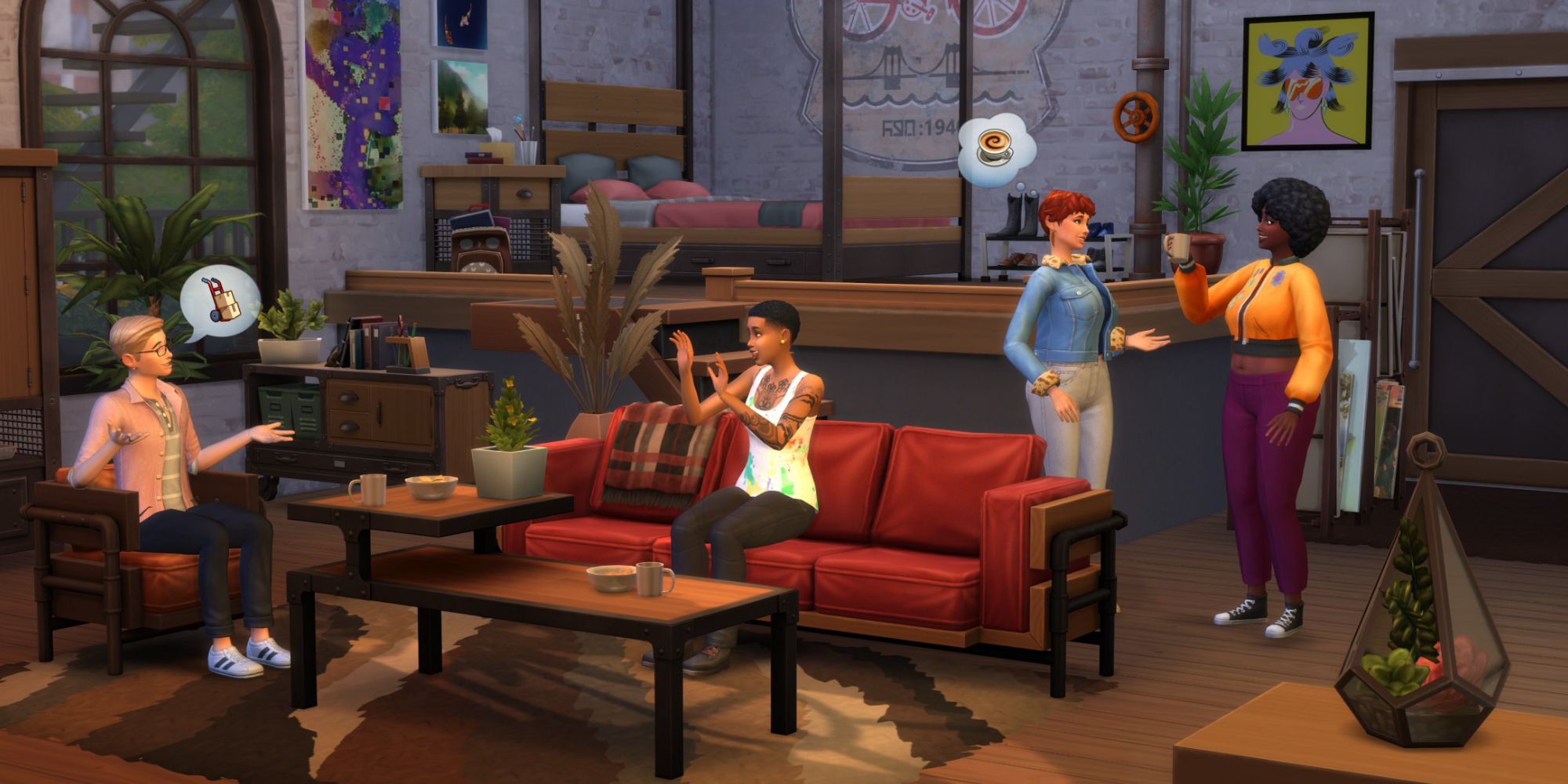 Sims 4 Industrial Loft lounge with sims relaxing