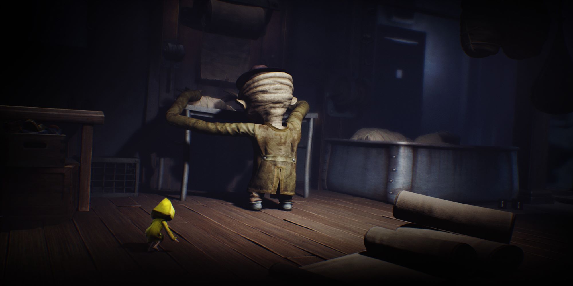 Six from Little Nightmares sneaking past large creature