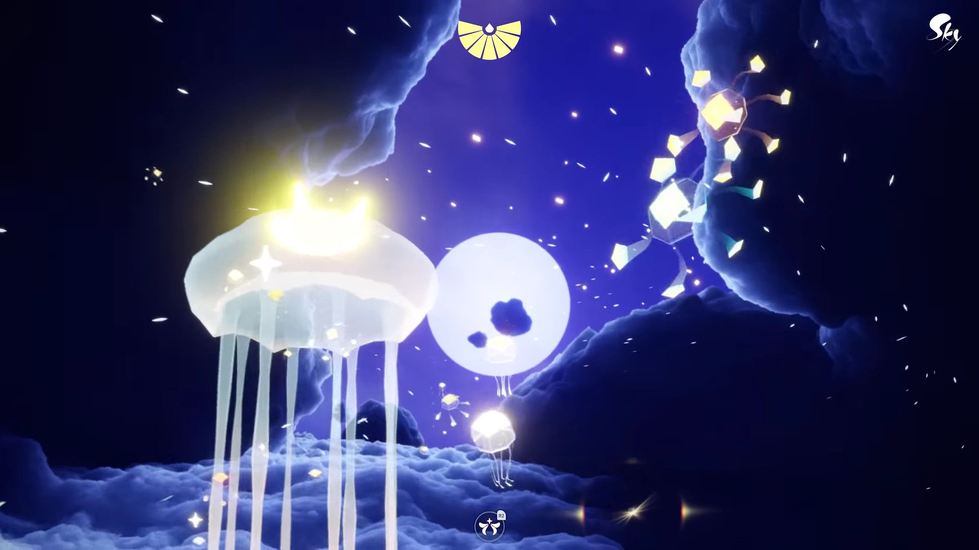 sky avatars become jellyfish and fly through a starry, moonlit night sky