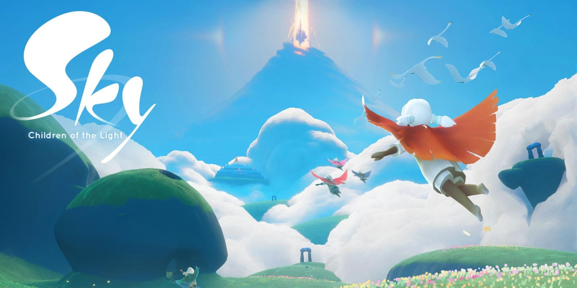 Sky Children of the Light title image showing main character flying through a meadow.