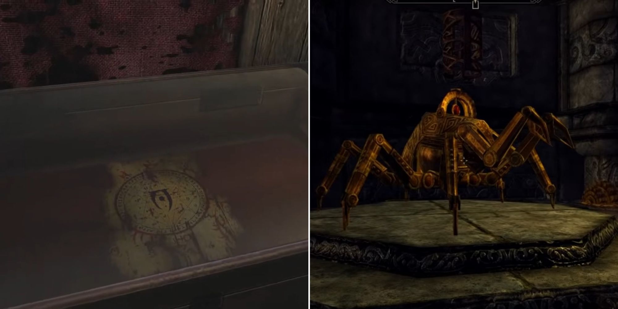 The Mysterium Xarxes and a Dwarven Spider on display in The Elder Scrolls 5: Skyrim