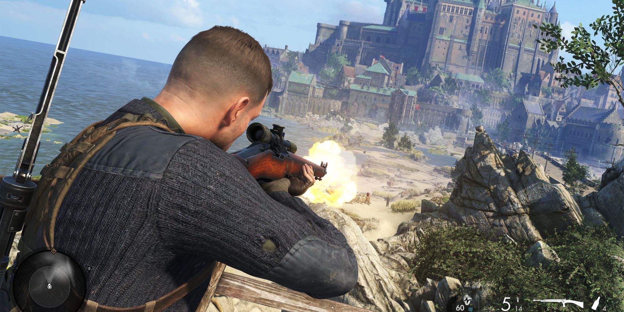 The protagonist firing from a position of height in Sniper Elite 5, with a beach below and a castle in the distance.
