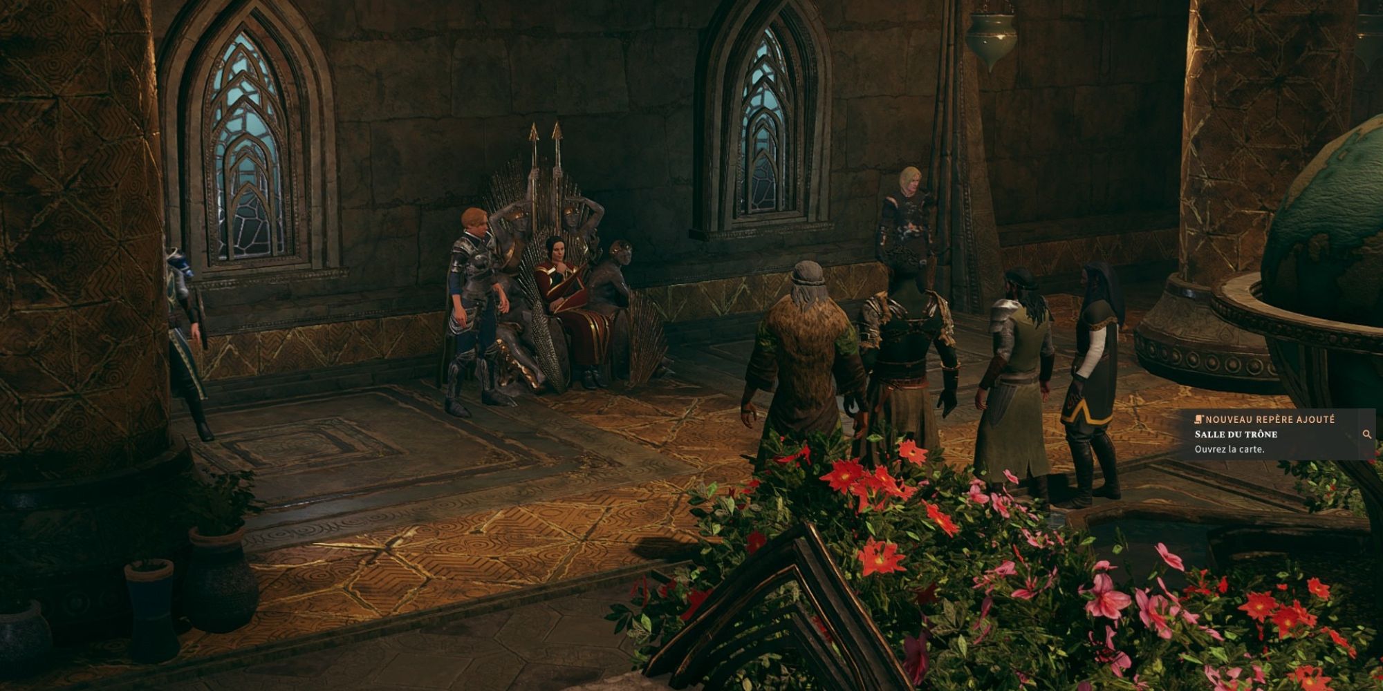 Queen sitting in a throne in front of a group of adventurers in Solasta: Crown of Magister.