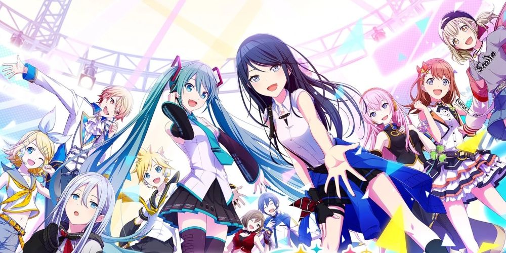 Some of the Hatsune Miku Colorful Stage cast smiling at the camera, Ichika reaching a hand out to it