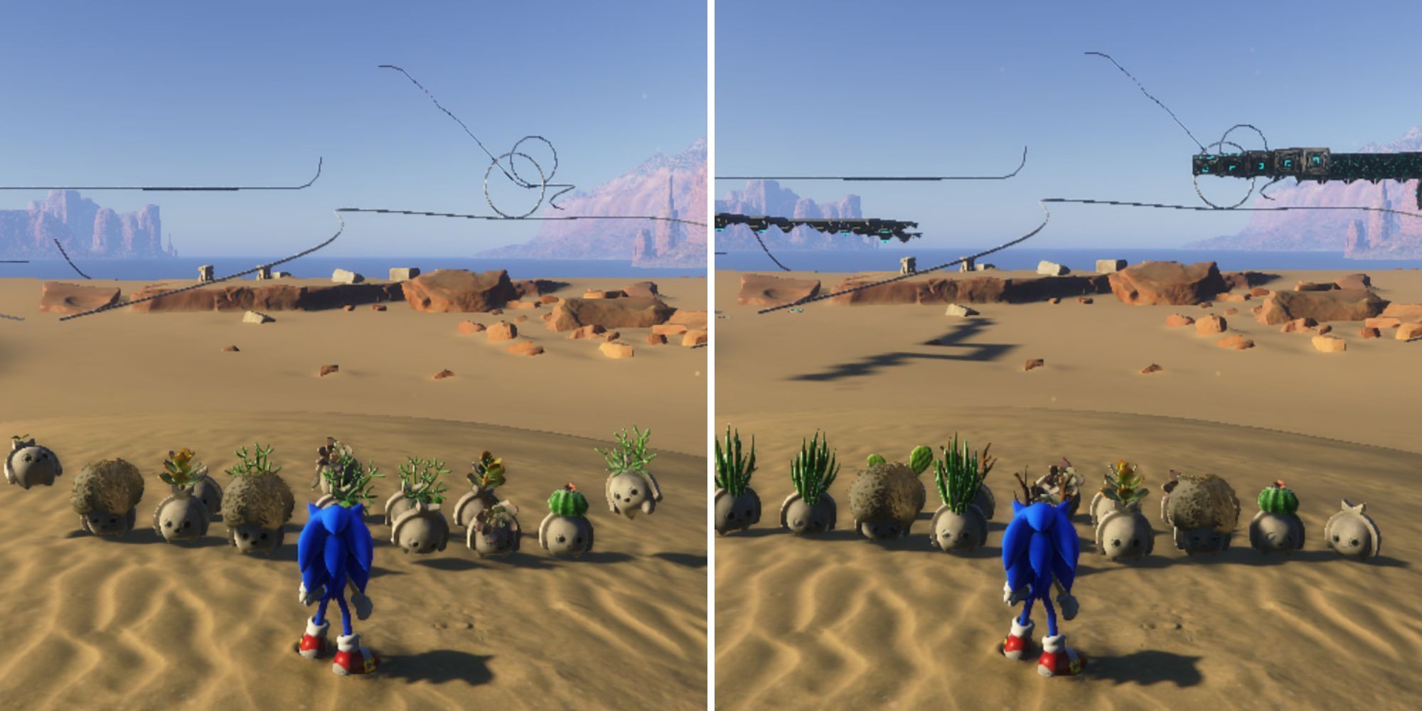 A side by side shot, showing how a mod for Sonic Frontiers allows more items to appear on screen at once.