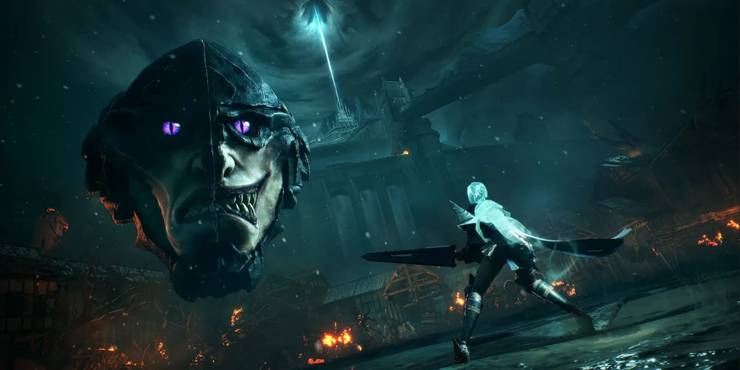 The main character of Soulstice holds a massive sword while preparing to fight a giant floating head.