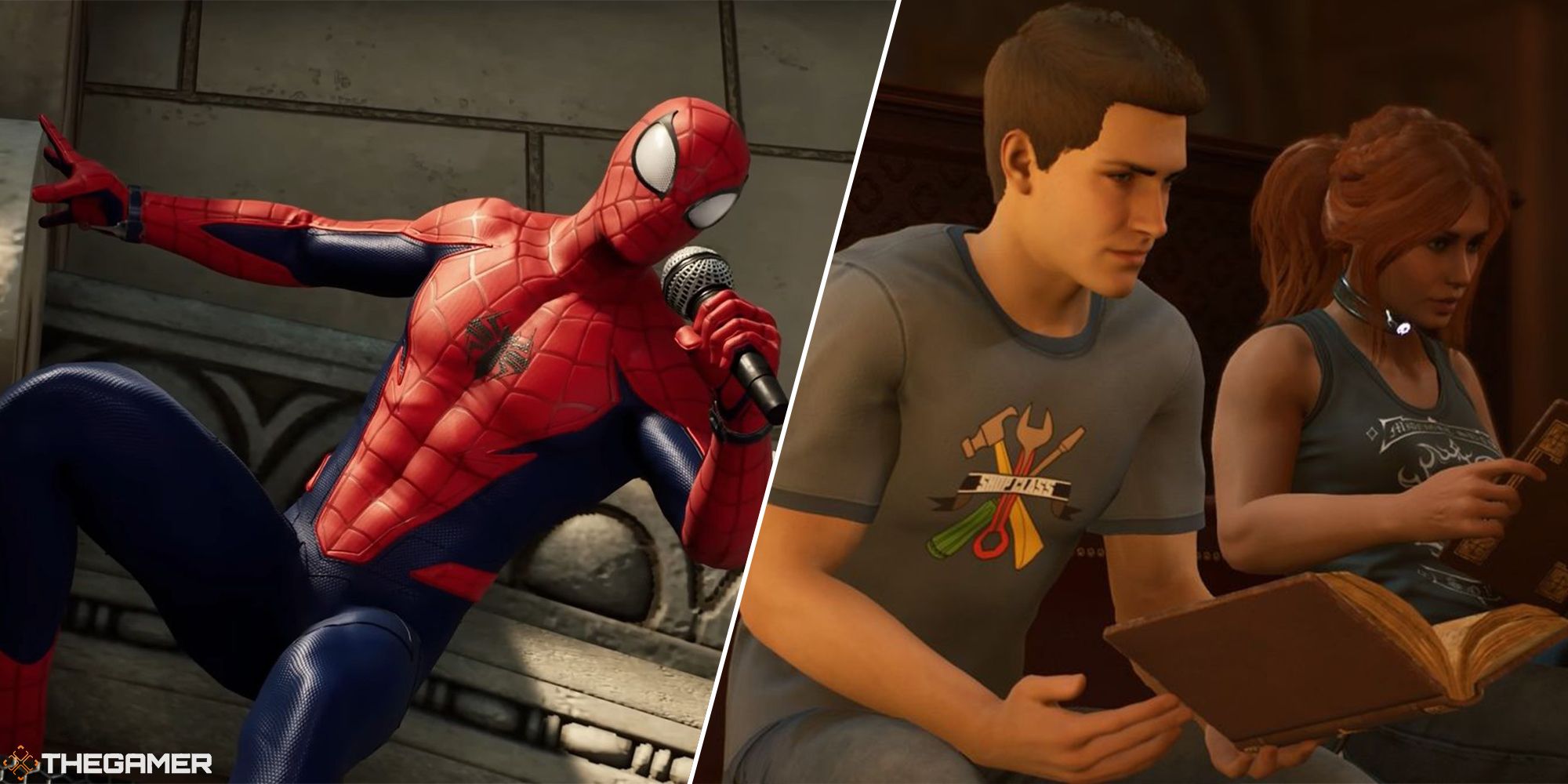 spider man wielding a microphone and reading with the hunter during a hangout split